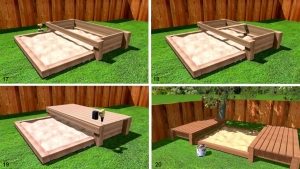 Рис. 2-5. Пошаговая инструкция по строительству песочницы: 17 - закрепите продольные доски как показано на рисунке; 18 - прикрепите доску в центре будущего сиденья; 19 - установите доски сиденья (в качестве крепления используйте шурупы); 20 - готовое изделие обработайте антисептическим составом Рис. 2-5. Пошаговая инструкция по строительству песочницы: 17 - закрепите продольные доски как показано на рисунке; 18 - прикрепите доску в центре будущего сиденья; 19 - установите доски сиденья (в качестве крепления используйте шурупы); 20 - готовое изделие обработайте антисептическим составом