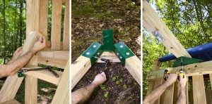 Рис. 3-4. Строительство деревянного игрового комплекса с горкой, качелями и песочницей в основании. Шаг 3: устройство лестницы. Шаг 4: монтаж рамы для качелей, установка крепежных элементов. Шаг 5: монтаж рамы качелей к каркасу комплекса Рис. 3-4. Строительство деревянного игрового комплекса с горкой, качелями и песочницей в основании. Шаг 3: устройство лестницы. Шаг 4: монтаж рамы для качелей, установка крепежных элементов. Шаг 5: монтаж рамы качелей к каркасу комплекса