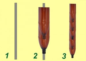 Рис. 4-1. Изготовление пальмы из пластиковых бутылок. Формирование ствола: 1 - закрепите в земле железный прут; 2 - нанизывайте на прут бутылки, предварительно отрезав у них дно; 3 - готовый ствол пальмы Рис. 4-1. Изготовление пальмы из пластиковых бутылок. Формирование ствола: 1 - закрепите в земле железный прут; 2 - нанизывайте на прут бутылки, предварительно отрезав у них дно; 3 - готовый ствол пальмы