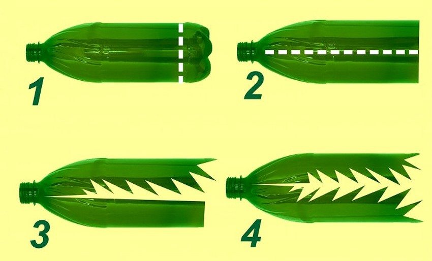 Рис. 4-2. Изготовление пальмы из пластиковых бутылок. Формирование кроны: 1 - отрежьте у бутылки дно; 2 - разрежьте бутылку на 2 (3 или 4 - по желанию) части; 3, 4 - оформите края разрезанных бутылок в виде бахромы