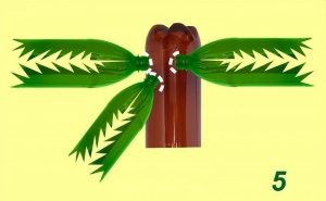 Рис. 4-3. Изготовление пальмы из пластиковых бутылок. Формирование кроны: 5 - сделайте на коричневой бутылке надрезы в виде крестов и закрепите в них зеленые бутылки (для большей прочности конструкцию можно скрепить проволокой) Рис. 4-3. Изготовление пальмы из пластиковых бутылок. Формирование кроны: 5 - сделайте на коричневой бутылке надрезы в виде крестов и закрепите в них зеленые бутылки (для большей прочности конструкцию можно скрепить проволокой)