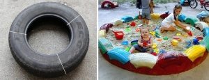 Песочница из покрышки с волнистым бортиком: линии, по которым нужно разрезать шины, и общий вид готового изделия Песочница из покрышки с волнистым бортиком: линии, по которым нужно разрезать шины, и общий вид готового изделия