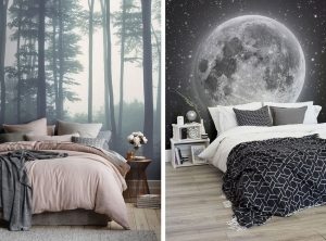 Фотообои с черно-белым принтом в интерьере спальни Фотообои с черно-белым принтом в интерьере спальни