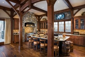 Зона плиты на кухне выложена камнем и стилизована под очаг Зона плиты на кухне выложена камнем и стилизована под очаг