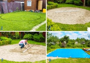 Установка бассейна: 1 — разметка места; 2 — убираем траву и засыпаем песком; 3 — выравниваем с помощью уровня; 4 — фиксируем кирпичом полиэтиленовую пленку Установка бассейна: 1 — разметка места; 2 — убираем траву и засыпаем песком; 3 — выравниваем с помощью уровня; 4 — фиксируем кирпичом полиэтиленовую пленку