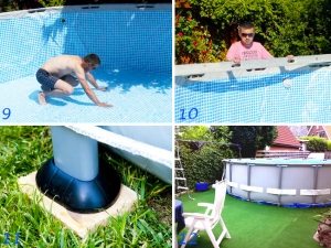 Установка бассейна: 9 — раскладываем и выравниваем бассейн; 10 — проверяем уровнем; 11 — регулируем ножки на подставках; 12 — готовый бассейн можно заполнять водой Установка бассейна: 9 — раскладываем и выравниваем бассейн; 10 — проверяем уровнем; 11 — регулируем ножки на подставках; 12 — готовый бассейн можно заполнять водой