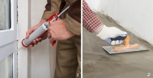 Утепление лоджии. Рис. 1: 1 — обработка щелей герметиком; 2 — стяжка пола Утепление лоджии. Рис. 1: 1 — обработка щелей герметиком; 2 — стяжка пола