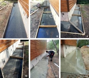 Пошаговая инструкция строительства утепленной отмостки: 7 - укладывание слоя геотекстиля или рубероида; 8 - деление периметра на секторы длиной не более 2 м, установка перемычек с учетом уклона; 9 - выставление перемычек на углах под 45% относительно внешних углов для схождения уклонов по разным сторонам отмостки; 10 - укладывание арматуры; 11 - заливка бетоном; 12 - выравнивание бетонной поверхности с помощью правила или обычной доски Пошаговая инструкция строительства утепленной отмостки: 7 - укладывание слоя геотекстиля или рубероида; 8 - деление периметра на секторы длиной не более 2 м, установка перемычек с учетом уклона; 9 - выставление перемычек на углах под 45% относительно внешних углов для схождения уклонов по разным сторонам отмостки; 10 - укладывание арматуры; 11 - заливка бетоном; 12 - выравнивание бетонной поверхности с помощью правила или обычной доски