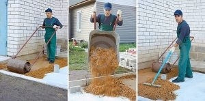 При устройстве отмостки из тротуарной плитки необходимо создать песчаную или песчано-щебневую подушку При устройстве отмостки из тротуарной плитки необходимо создать песчаную или песчано-щебневую подушку