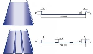 Типы профиля и размеры фальцевого покрытия (длина листа 8-12,5 м)