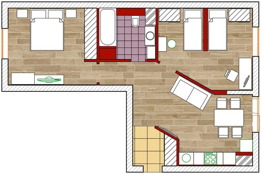 Пример перепланировки двухкомнатной квартиры 60 кв.м в трехкомнатную
