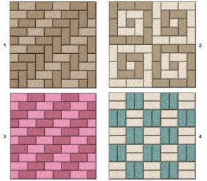 Примеры простых схем укладки тротуарной плитки: 1 - елочка, 2 - спираль, 3 - лесенка, 4 - шахматка Примеры простых схем укладки тротуарной плитки: 1 - елочка, 2 - спираль, 3 - лесенка, 4 - шахматка