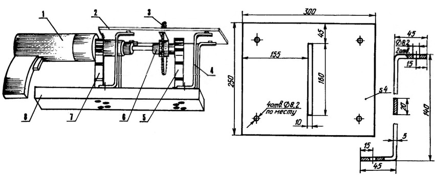 Вариант циркулярной пилы из дрели. Компоновочная схема: 1 - привод (электродрель); 2 - рабочий стол (дюралюминий, лист s5); 3 - дисковая пила; 4 - стойка (Ст3, полоса 20×5, 4 шт.); 5 - опорный держатель вала оправки; 6 - оправка; 7-держатель электродрели; 8 - опорная плита (мебельная ДСП, s30)