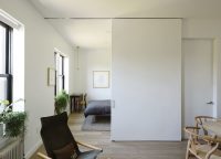 Функциональная перегородка, разделяющая пространство спальной и гостиной, в небольшой городской квартире Функциональная перегородка, разделяющая пространство спальной и гостиной, в небольшой городской квартире