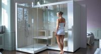 Вместительный гидробокс с душевой панелью и парогенератором Душевые кабины: размеры и цены, фото оформления маленьких ванных комнат