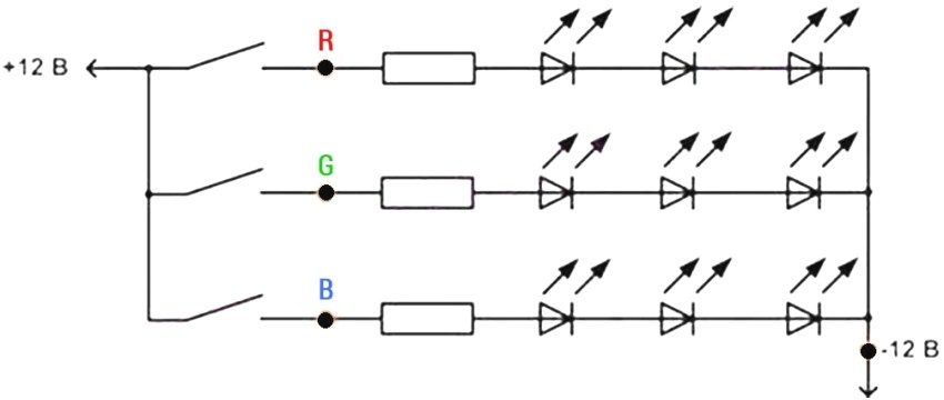 Схема подключения RGB светодиодной ленты к 12В