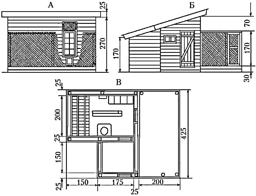 Курятник на 10 кур: А - фасад; Б - вид со стороны тамбура; В - общий план курятника