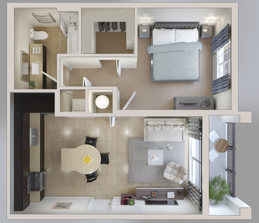 3D-проект квартиры с П-образной гардеробной комнатой
