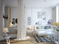 Место для сна и отдыха в однокомнатной квартире отделено при помощи текстильной перегородки Место для сна и отдыха в однокомнатной квартире отделено при помощи текстильной перегородки