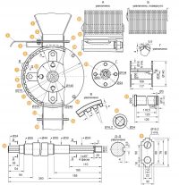 Чертеж молоткового шредера: 1 - загрузочный бункер (металл 1 мм), 2 - окантовка горловины загрузочного бункера (уголок 25х25 мм), 3 - заслонка/задвижка (металл 1 мм), 4 - болты М6 для стяжки (8 шт), 5 - обрамление загрузочного отверстия в корпусе (равнополочный уголок 25 мм), 6 — шпильки М8 (8 шт), 7 - наружный барабан корпуса (труба 270х6 мм), 8 - статор с бороздками (труба 258х6 мм), 9 - молоточки (металл 3 мм, закаленный до твердости HRC 45–47, 72 шт), 10 - шпингалет диаметром 3 мм (4 шт), 11 - гайка М20 с пружинной шайбой, 12 - ось молоточков (круг диаметром 22 мм, 4 шт), 13 и 14 - обвязка патрубков (равнополочный уголок 25 мм), 15 и 19 - резиновые прокладки толщиной 3 мм, 16 - гайки М8 крепления фланца (8 шт), 17 - молотковый ротор, 18 - фланец (металл 5 мм, 2 шт), 20 - дистанционные шайбы (металл 3 мм, закаленный до твердости HRC 45–47, 70 шт), 21 - фиксатор, 22 - приводной вал Чертеж молоткового шредера: 1 - загрузочный бункер (металл 1 мм), 2 - окантовка горловины загрузочного бункера (уголок 25х25 мм), 3 - заслонка/задвижка (металл 1 мм), 4 - болты М6 для стяжки (8 шт), 5 - обрамление загрузочного отверстия в корпусе (равнополочный уголок 25 мм), 6 — шпильки М8 (8 шт), 7 - наружный барабан корпуса (труба 270х6 мм), 8 - статор с бороздками (труба 258х6 мм), 9 - молоточки (металл 3 мм, закаленный до твердости HRC 45–47, 72 шт), 10 - шпингалет диаметром 3 мм (4 шт), 11 - гайка М20 с пружинной шайбой, 12 - ось молоточков (круг диаметром 22 мм, 4 шт), 13 и 14 - обвязка патрубков (равнополочный уголок 25 мм), 15 и 19 - резиновые прокладки толщиной 3 мм, 16 - гайки М8 крепления фланца (8 шт), 17 - молотковый ротор, 18 - фланец (металл 5 мм, 2 шт), 20 - дистанционные шайбы (металл 3 мм, закаленный до твердости HRC 45–47, 70 шт), 21 - фиксатор, 22 - приводной вал