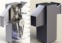 Устройство шредера: 1 - обшивка каркаса, 2 - каркас, 3 - корпус редуктора, 4 - рабочий вал, 5 - ведущий вал, 6 - клиновидный ремень, 7 - электродвигатель, 8 - поворотная площадка Устройство шредера: 1 - обшивка каркаса, 2 - каркас, 3 - корпус редуктора, 4 - рабочий вал, 5 - ведущий вал, 6 - клиновидный ремень, 7 - электродвигатель, 8 - поворотная площадка