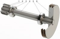Устройство ведущего вала: 1 - стопорное кольцо 30 х 2 мм, 2 - шестерня MSGВ4-15, 3 - втулка, 4 - вал, 5 - подшипник №6207, 6 - шкив ведомый Устройство ведущего вала: 1 - стопорное кольцо 30 х 2 мм, 2 - шестерня MSGВ4-15, 3 - втулка, 4 - вал, 5 - подшипник №6207, 6 - шкив ведомый
