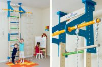 Распорная шведская стенка, которая рассчитана для детей от трех лет и дополнительно оснащена канатом, лесенкой и кольцами Распорная шведская стенка, которая рассчитана для детей от трех лет и дополнительно оснащена канатом, лесенкой и кольцами