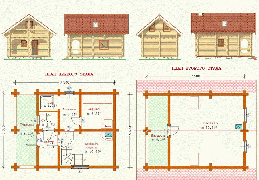 План постройки двухэтажной бани с террасой