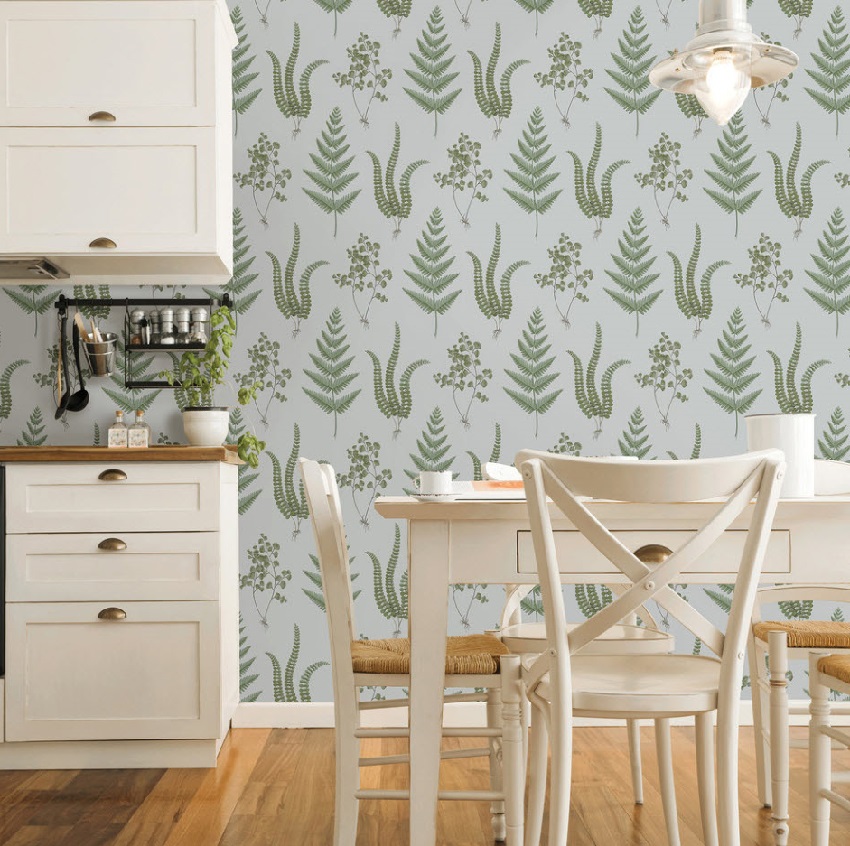 Обои с изображением зелени прекрасно украсят кухню в пастельных тонах